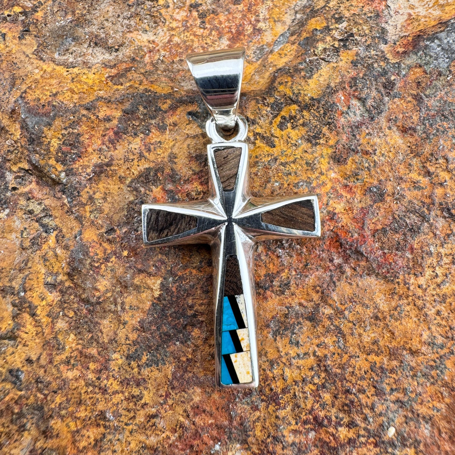 David Rosales Iron Spirit Inlaid Sterling Silver Pendant Cross