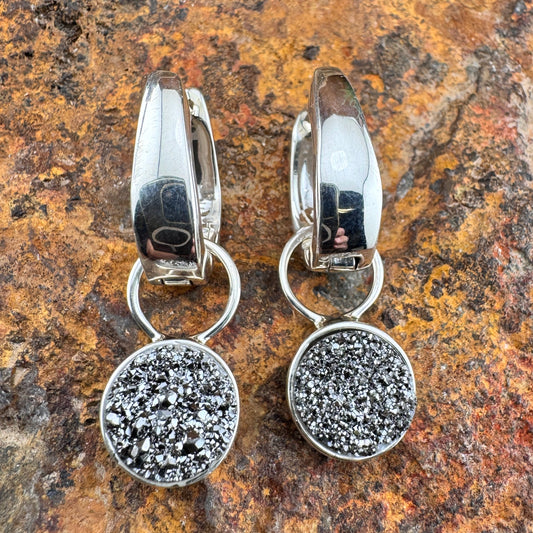 David Rosales Silver Country Sterling Silver and Round Druzy Earrings Huggie