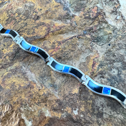 David Rosales Black Beauty Inlaid Sterling Silver Wavy Link Bracelet