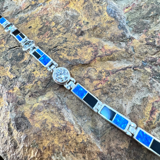 David Rosales Black Beauty Inlaid Sterling Silver Link Bracelet w/ Cubic Zirconia