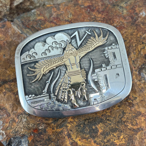 Vintage Hopi Overlay Sterling Silver / Gold Buckle by Eddison Wadsworth Soohafyah - Estate Jewelry