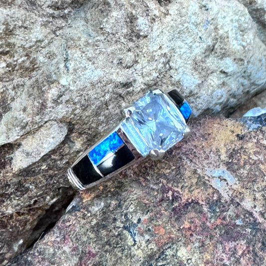 David Rosales Black Beauty Fancy Inlaid Sterling Silver Ring w/ Cubic Zirconia