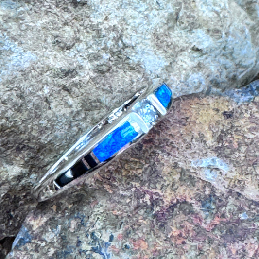 David Rosales Black Beauty Inlaid Sterling Silver Ring w/ Blue Topaz