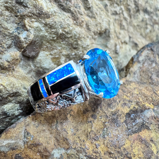 David Rosales Black Beauty Inlaid Sterling Silver Ring w/ Blue Topaz