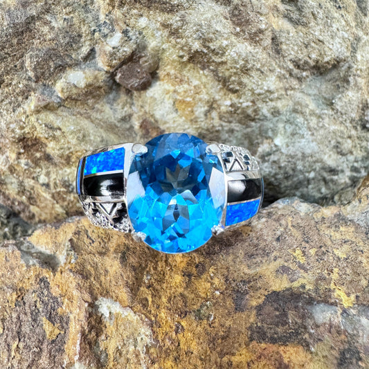 David Rosales Black Beauty Inlaid Sterling Silver Ring w/ Blue Topaz