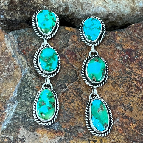 Sonoran Gold Turquoise Sterling Silver Three Stone Earrings Dangle by Angela Martin