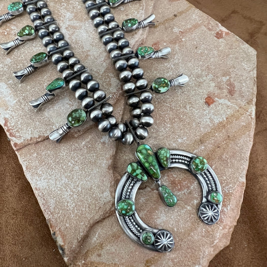 Products 28" Sonoran Gold Turquoise Sterling Silver Navajo Pearl Squash Blossom Necklace Earrings by Bernyse Chavez