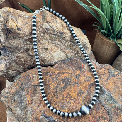 16" Single Strand Oxidized Sterling Silver 6mm Navajo Pearl Necklace with Center Pearl 12 mm