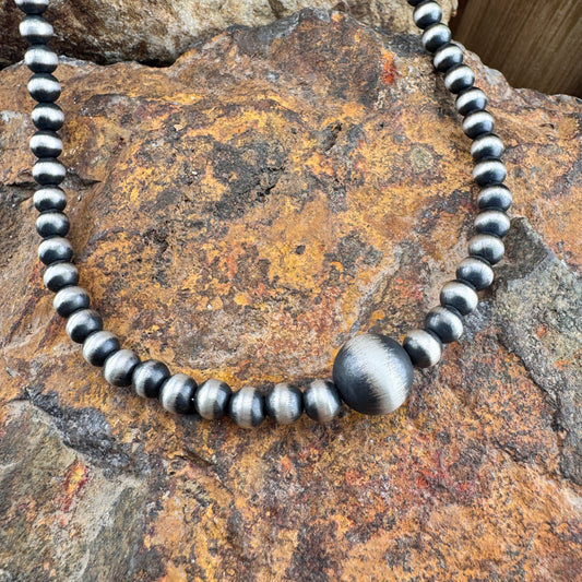 16" Single Strand Oxidized Sterling Silver 6mm Navajo Pearl Necklace with Center Pearl 12 mm