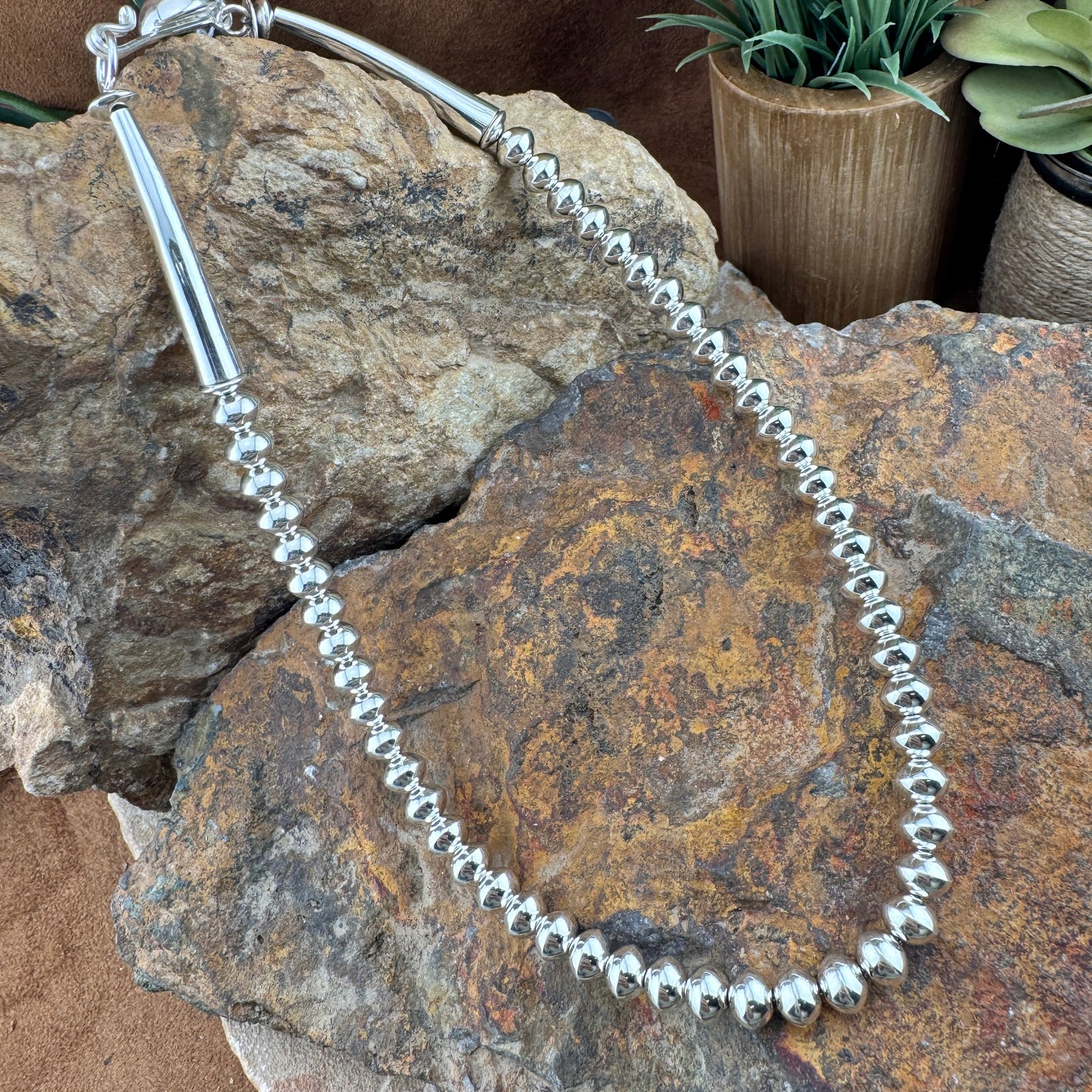 17 1/2" Single Strand Sterling Silver Navajo Pearls Beaded Necklace by Artie Yellowhorse