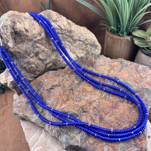 25" Lapis Lazuli and Sterling Silver Beaded Necklace by Artie Yellowhorse