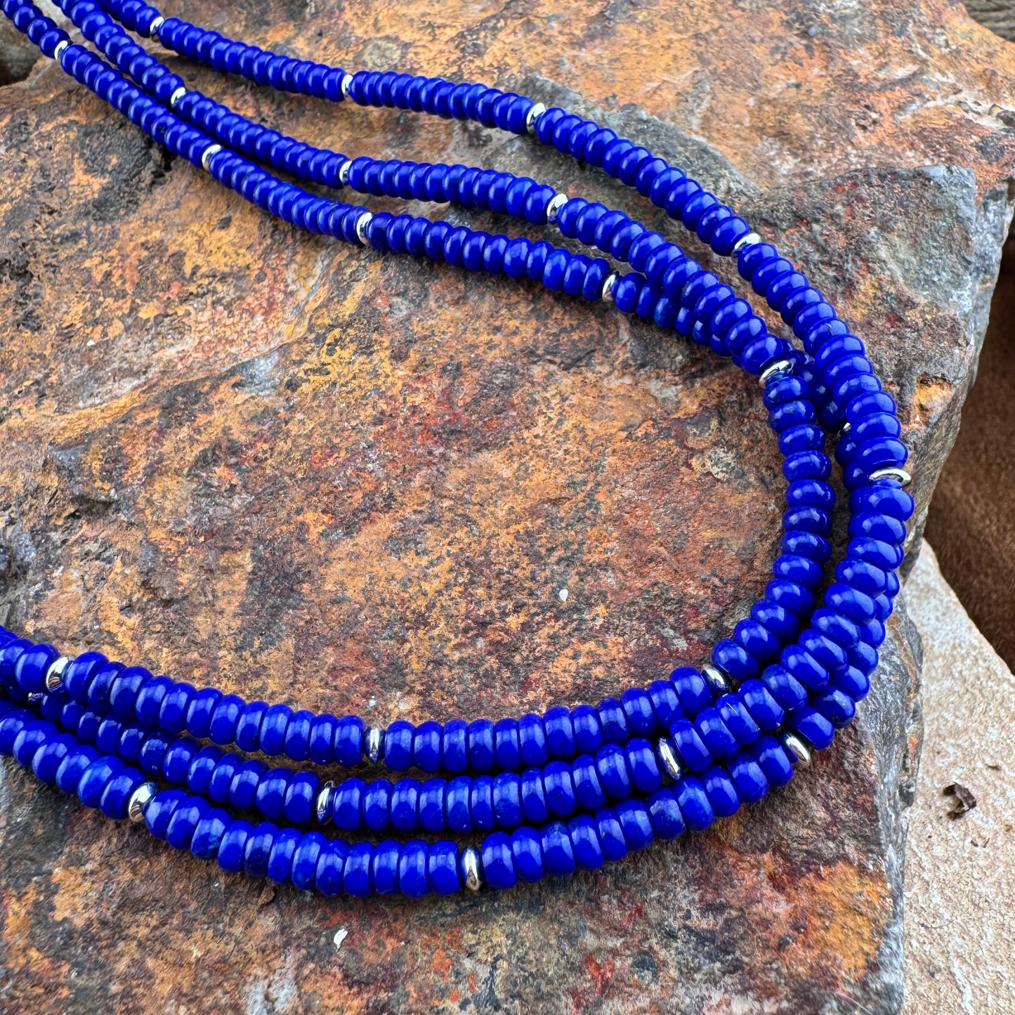 25" Lapis Lazuli and Sterling Silver Beaded Necklace by Artie Yellowhorse