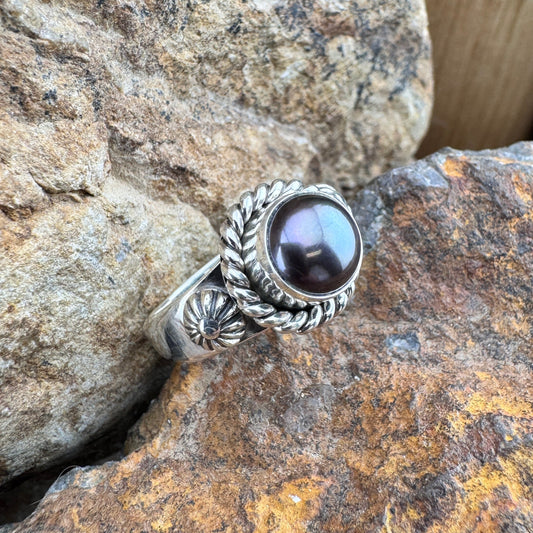 Grey Fresh Water Pearl Sterling Silver Ring by Artie Yellowhorse