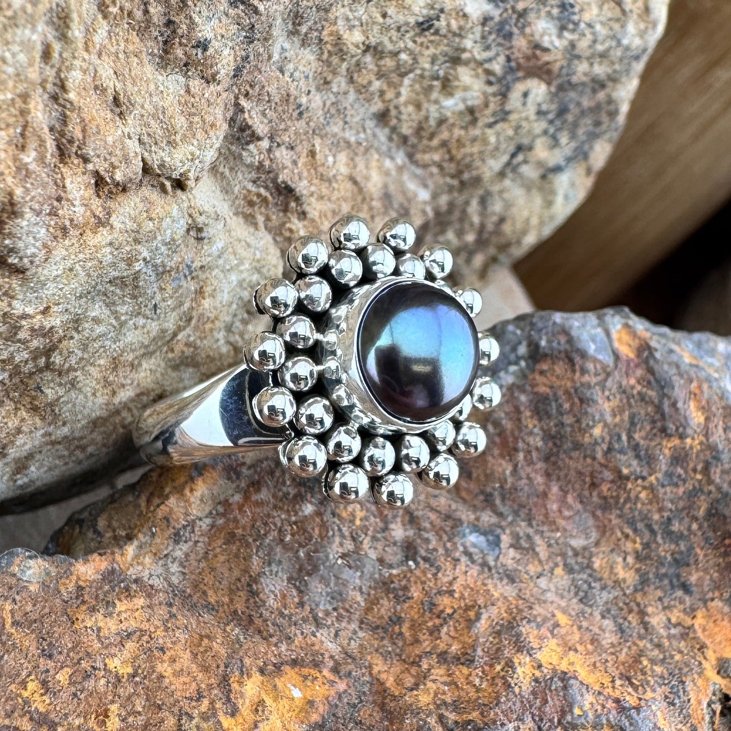Grey Fresh Water Pearl Sterling Silver Ring by Artie Yellowhorse