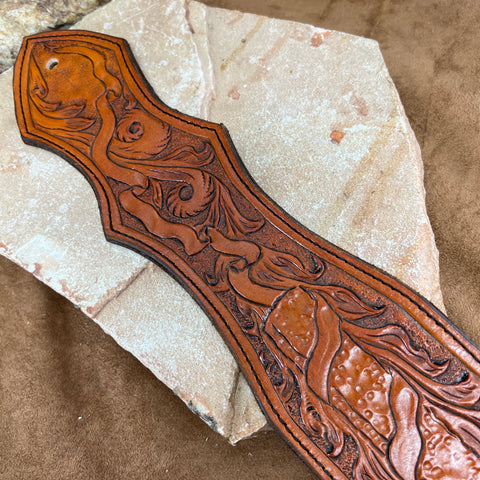 Hand Tooled Leather Garden Cross Guitar Strap by Stephen Vaughn Leathe