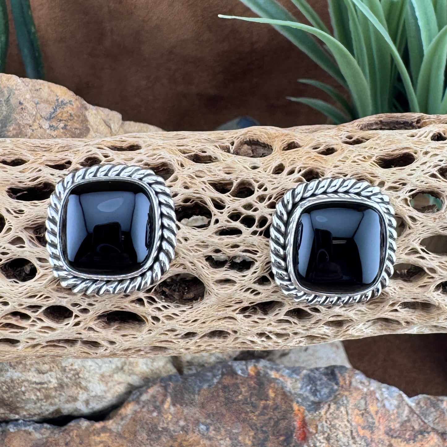 Black Onyx Sterling Silver Square Earrings by Artie Yellowhorse