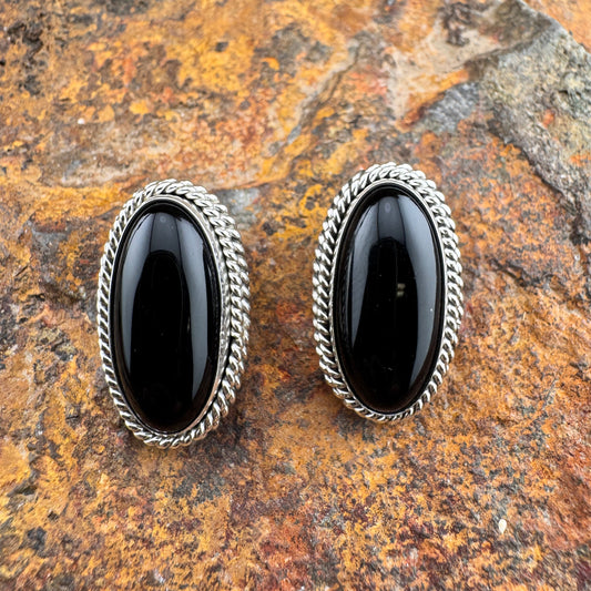 Black Onyx Sterling Silver Oval Earrings by Artie Yellowhorse