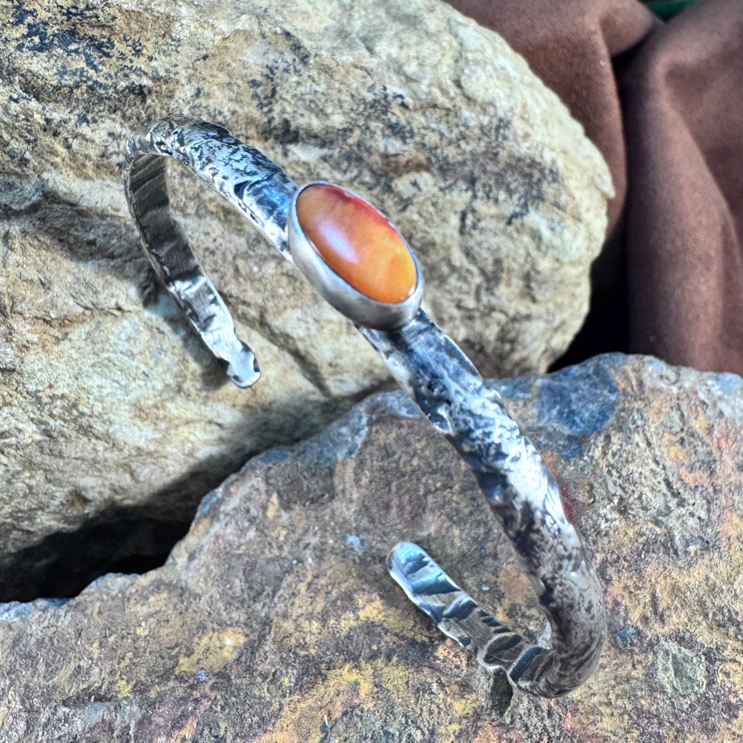 Forged Sterling Silver Cuff with Orange Spiny Oyster Shell by Ray Coriz