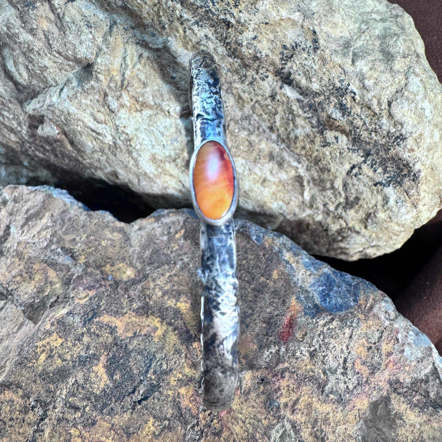 Forged Sterling Silver Cuff with Orange Spiny Oyster Shell by Ray Coriz