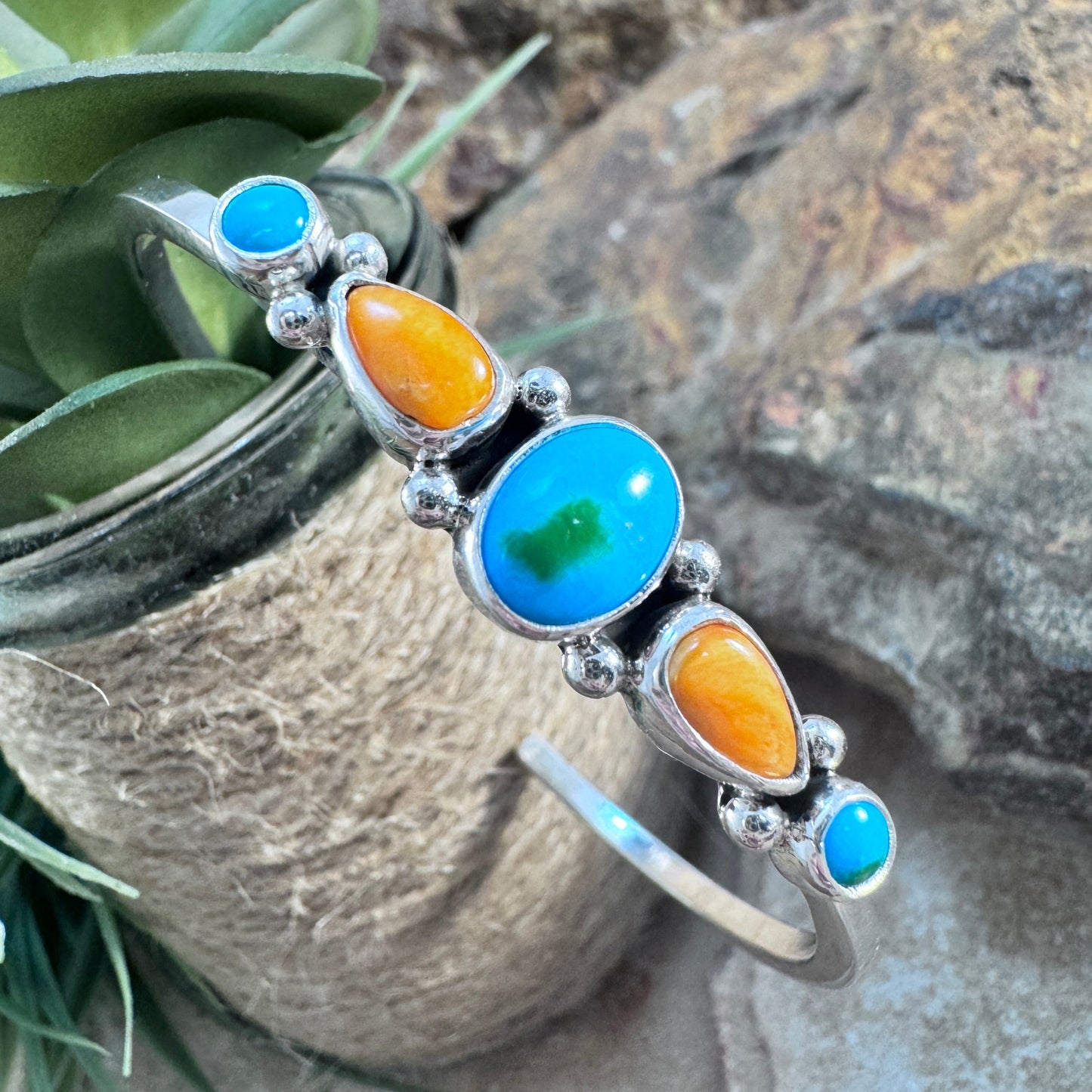 Sonoran Gold Turquoise & Spiny Oyster Shell Sterling Silver Stone Bracelet by Angela Martin
