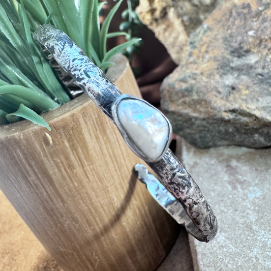 Forged Sterling Silver Cuff with Fresh Water Pearl by Ray Coriz