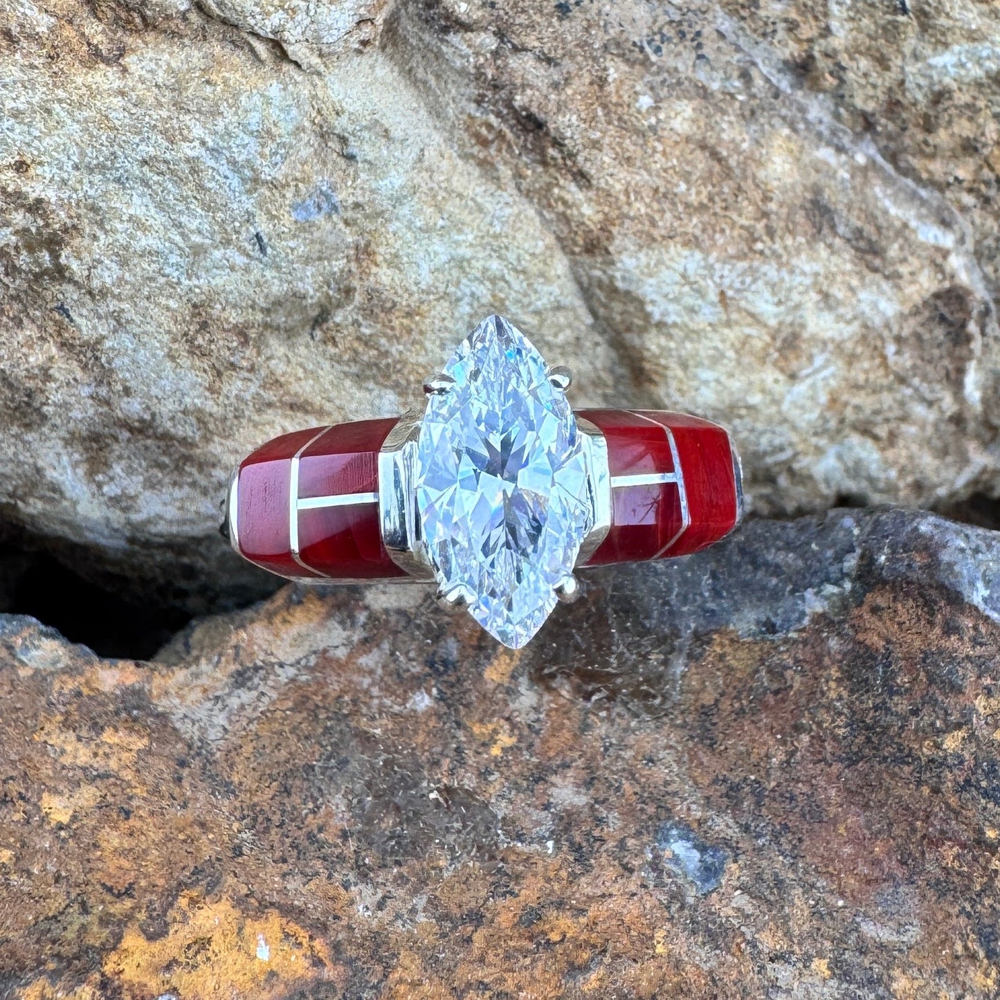 David Rosales Rosarita Inlaid Sterling Silver Ring with Cubic Zirconia