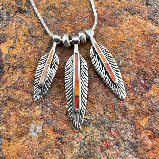 David Rosales Desert Fire Inlaid Sterling Silver Necklace Feathers