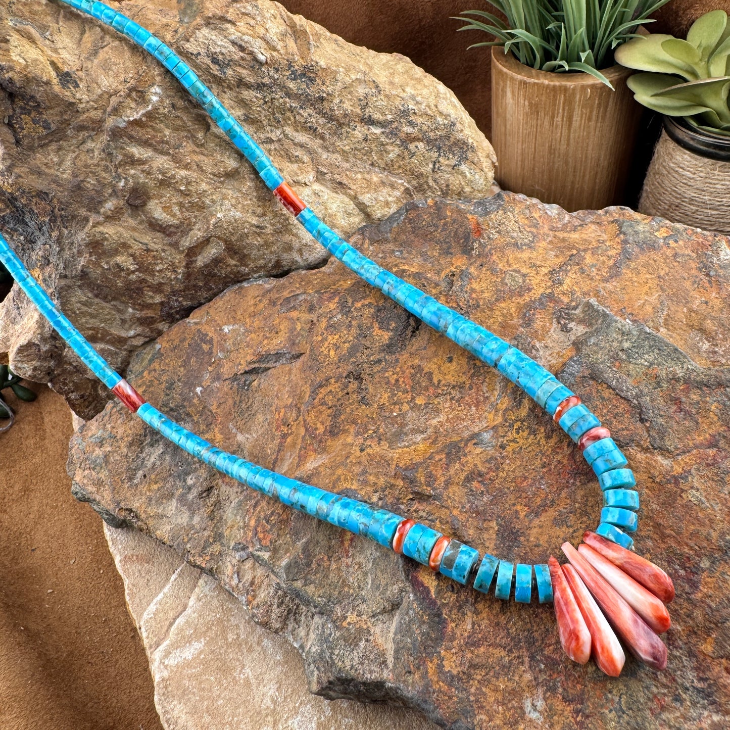 Turquoise & Spiny Oyster Heishi Necklace with Fan Drop 20"