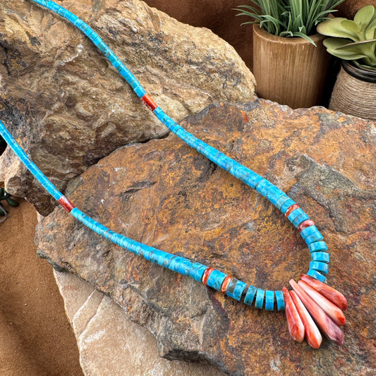 Turquoise & Spiny Oyster Heishi Necklace with Fan Drop 20"