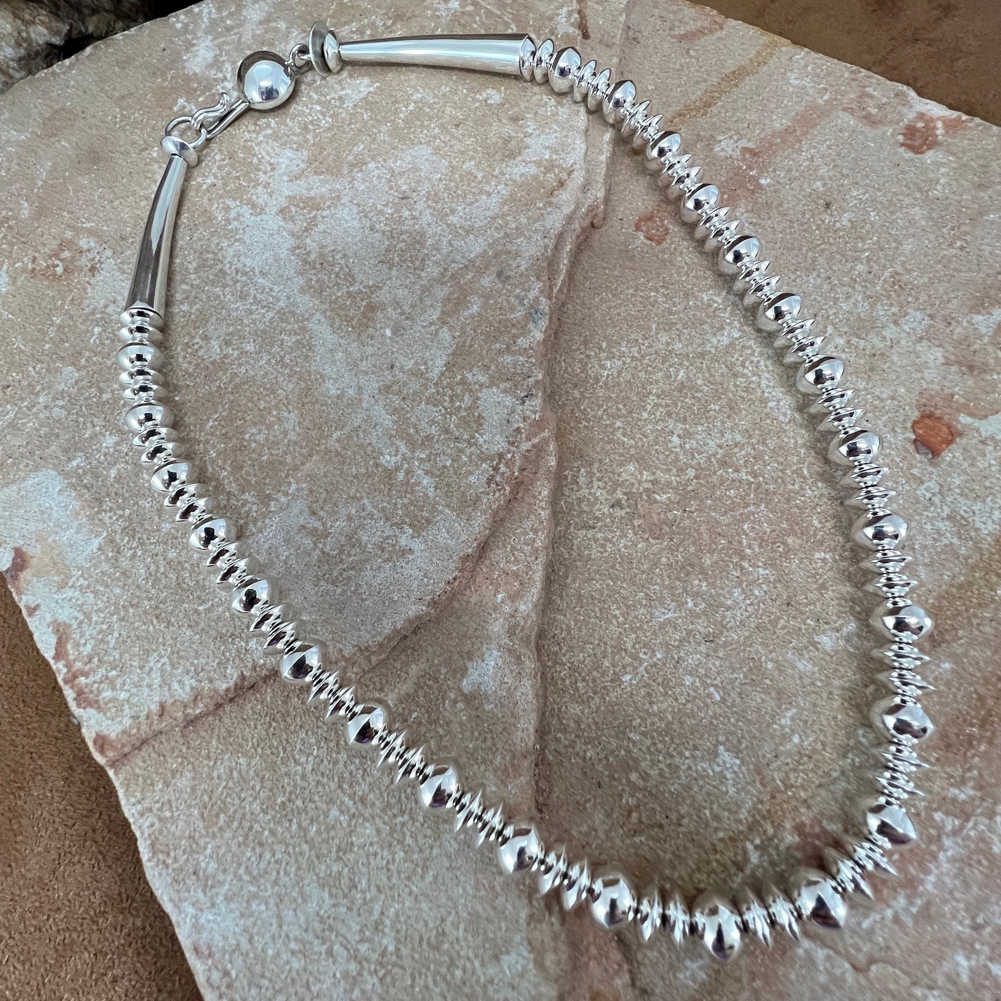 17" Single Strand Sterling Silver Navajo Pearls Beaded Necklace by Artie Yellowhorse