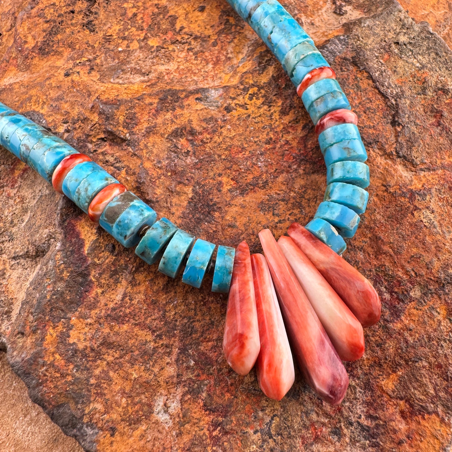 Turquoise & Spiny Oyster Heishi Necklace with Fan Drop 20"