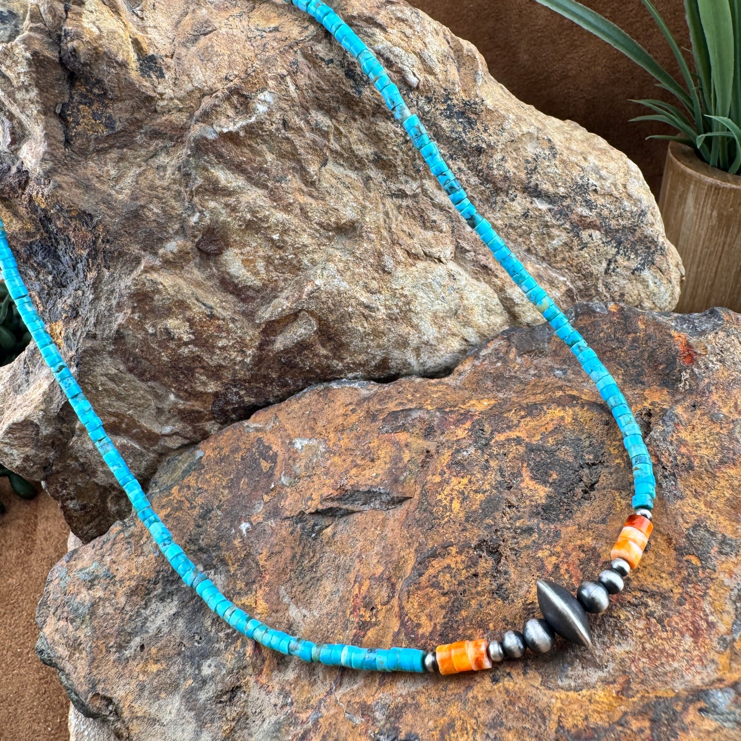 Turquoise, Spiny Oyster, and Sterling Saucer Necklace 16"