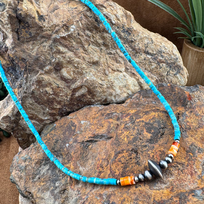 Turquoise, Spiny Oyster, and Sterling Saucer Necklace 16"