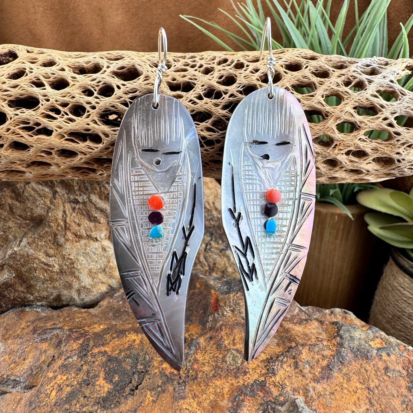 Hand-Carved Shell Corn Maiden Earrings by Gloria Chattin-Navajo
