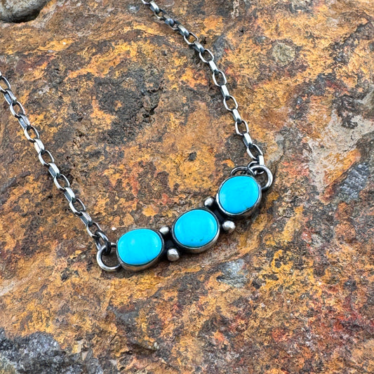 Triple Turquoise Oval Sterling Silver Necklace by Angela Martin-Navajo