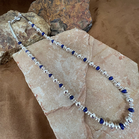 27" Single Strand Sterling Silver Lapis Beaded Necklace by Artie Yellowhorse