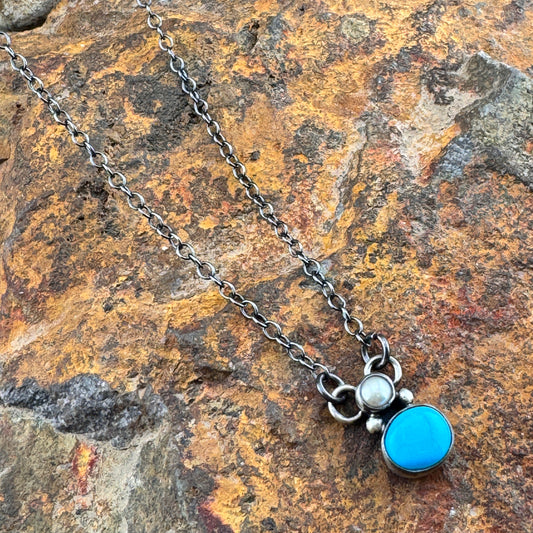 Single Turquoise & Pearl Pendant Necklace by Angela Martin-Navajo