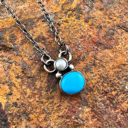 Single Turquoise & Pearl Pendant Necklace by Angela Martin-Navajo