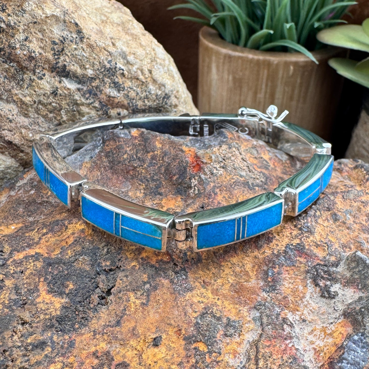 David Rosales Arizona Blue Two Tone Inlaid Sterling Silver Big Link Bracelet