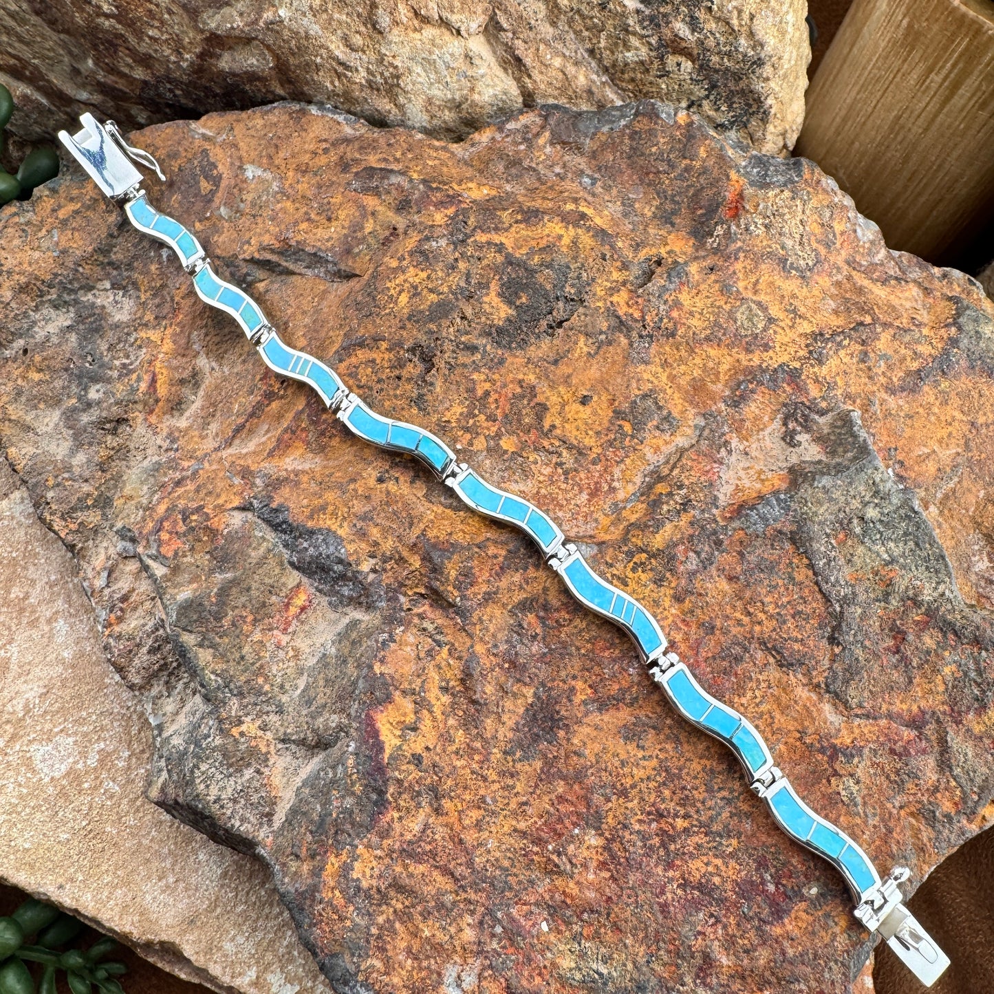 David Rosales Arizona Blue Inlaid Sterling Silver Wavy Link Bracelet