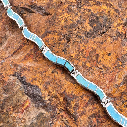 David Rosales Arizona Blue Inlaid Sterling Silver Wavy Link Bracelet