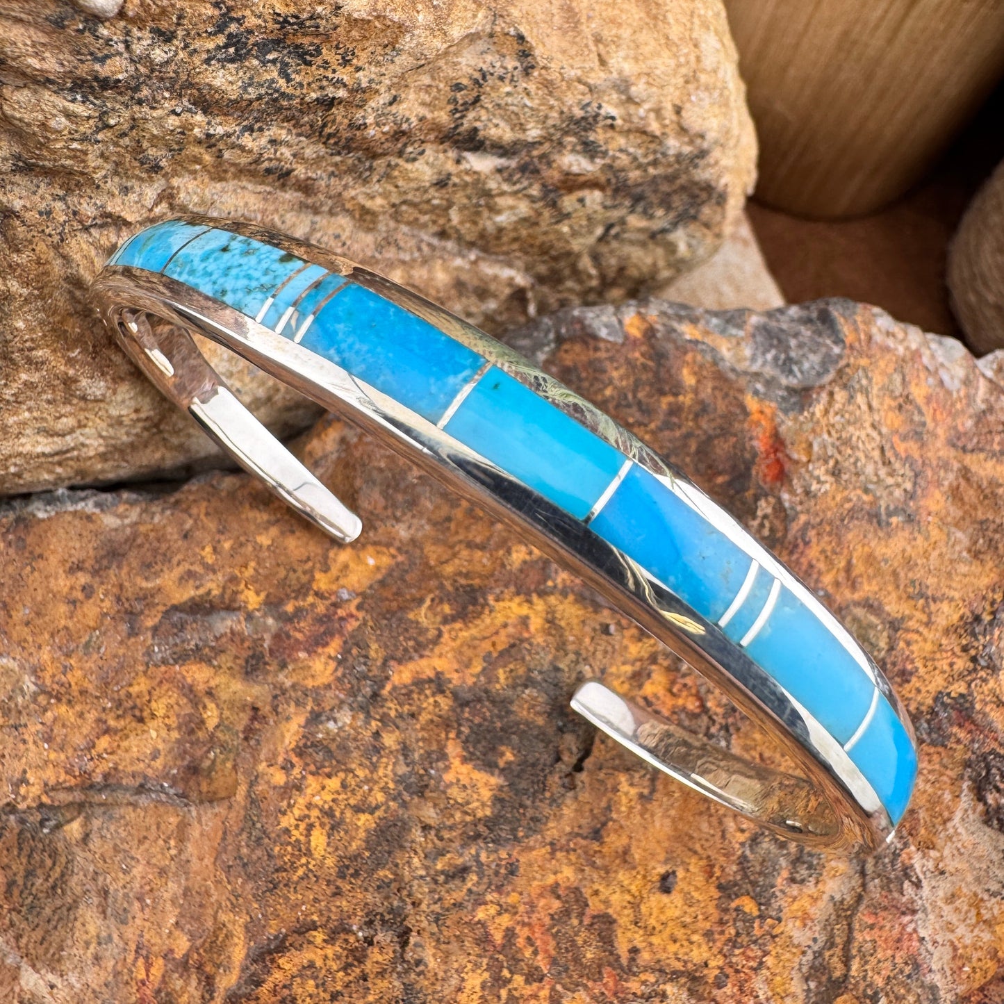 David Rosales Arizona Blue Two Tone Inlaid Sterling Silver Bracelet