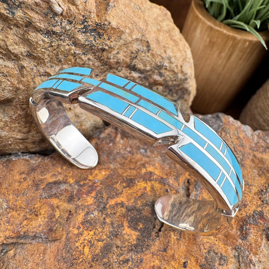 David Rosales Arizona Blue Inlaid Sterling Silver Bracelet - Feather