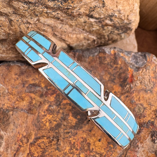 David Rosales Arizona Blue Inlaid Sterling Silver Bracelet - Feather