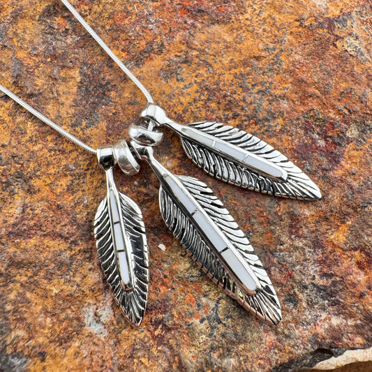 David Rosales Pristine Inlaid Sterling Silver Necklace Feathers