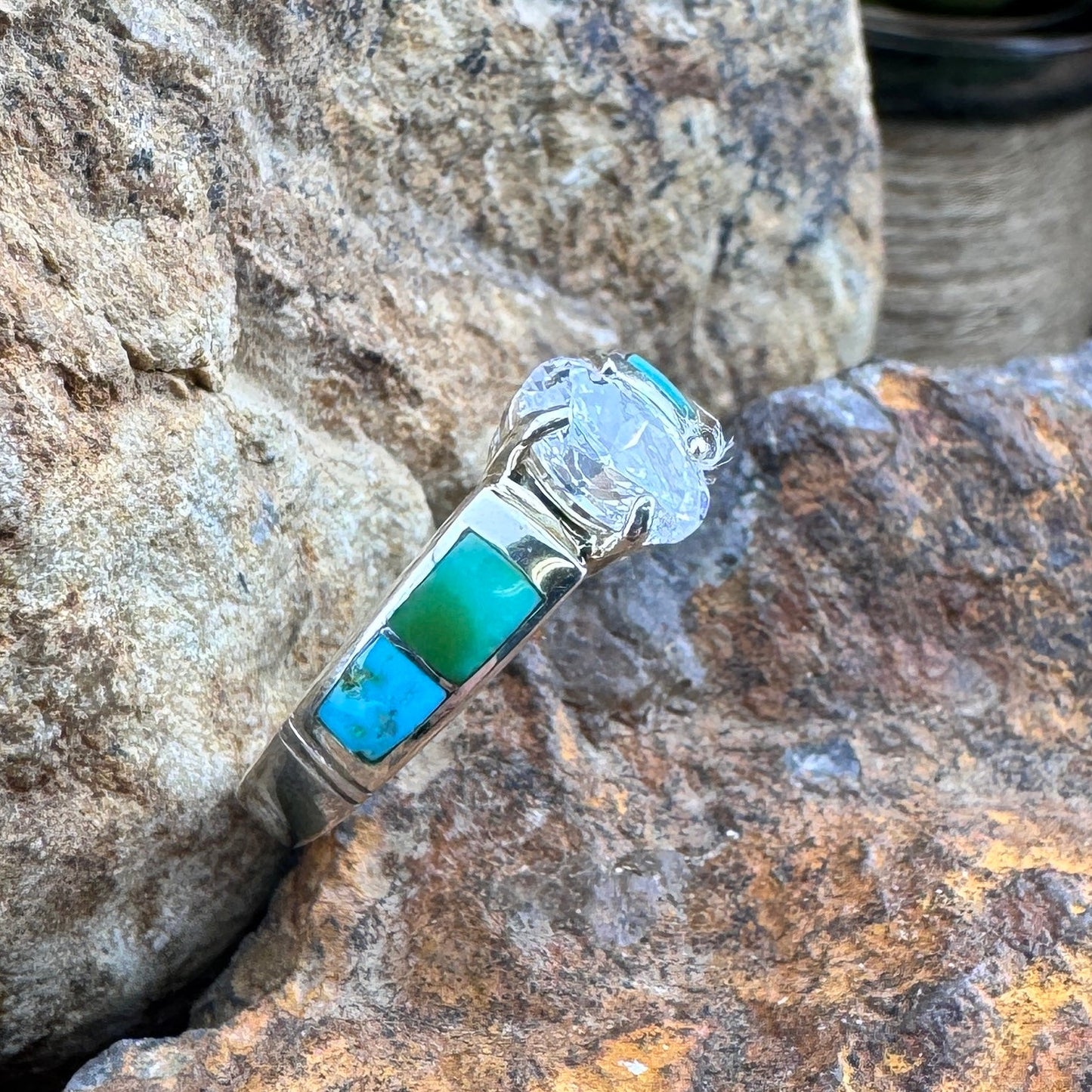 David Rosales Sonoran Gold Inlaid Sterling Silver Ring Cubic Zirconia