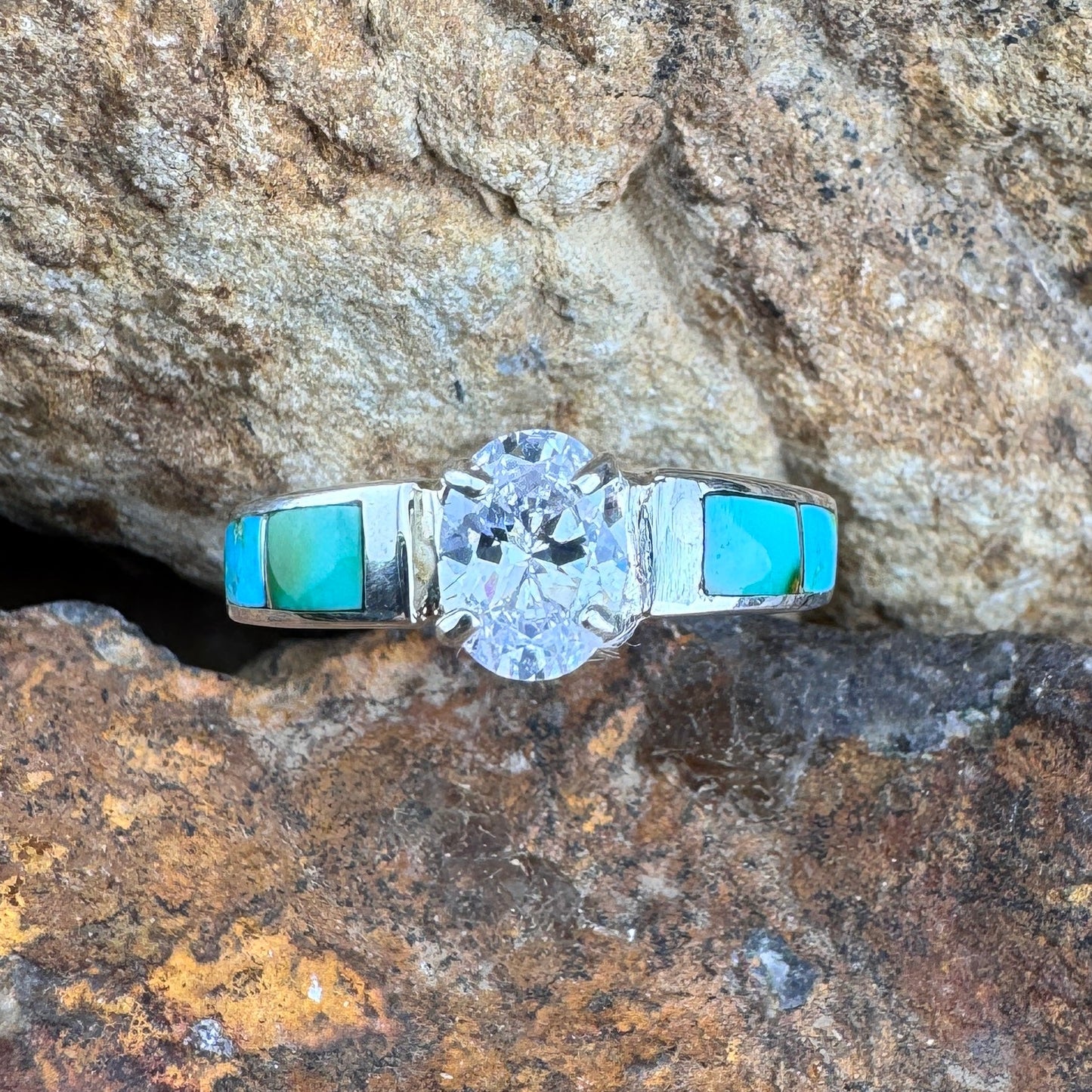 David Rosales Sonoran Gold Inlaid Sterling Silver Ring Cubic Zirconia