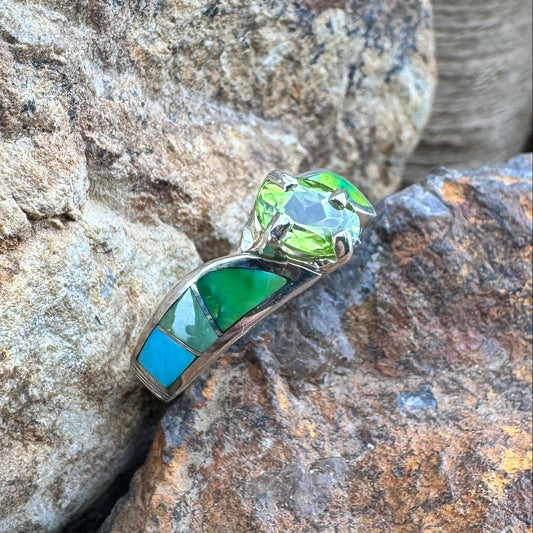 David Rosales Sonoran Gold Inlaid Sterling Silver Ring w/ Peridot