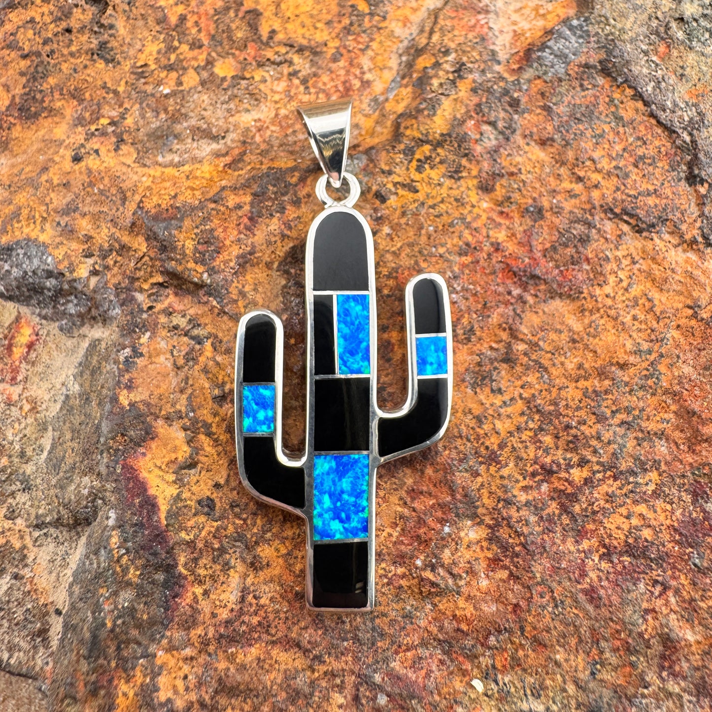 David Rosales Black Beauty Inlaid Sterling Silver Pendant Cactus