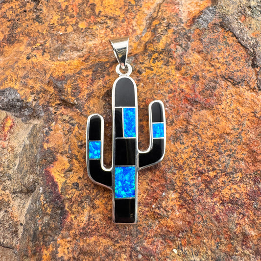 David Rosales Black Beauty Inlaid Sterling Silver Pendant Cactus